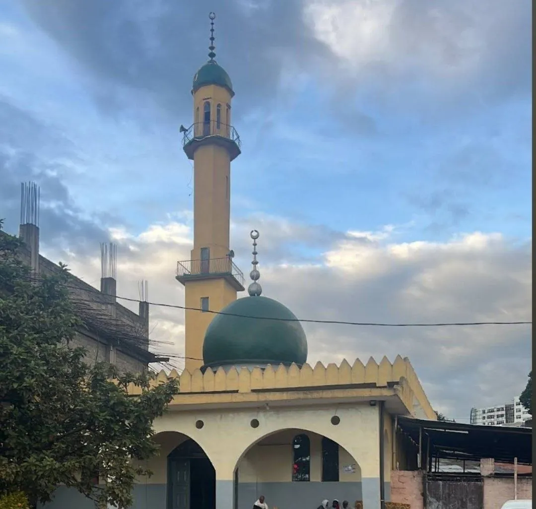 Abubaker Mosque minaret and green dome in Gulele