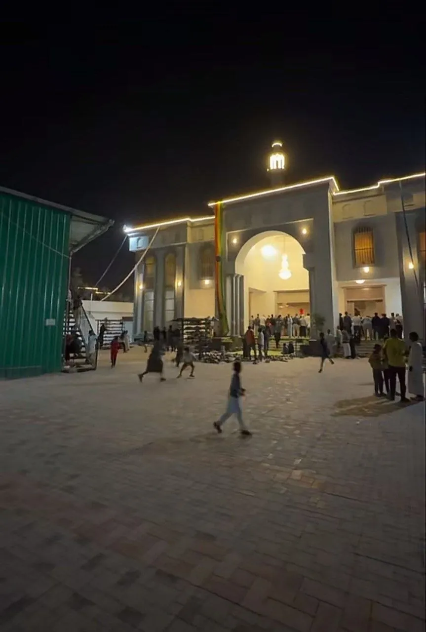 Jemo Mosque and its courtyard at night